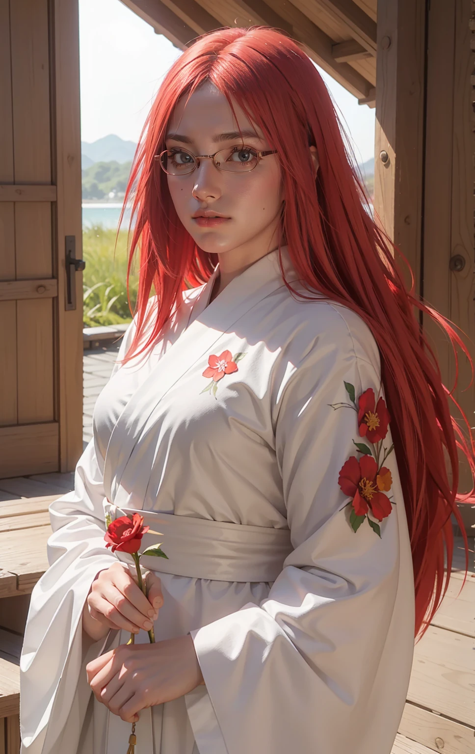 Masterpiece, Best quality, Highly detailed, 1girll, Solo, (:3:1.1), long red hair, red hair, long hair, spiky hair on left side, hair, Fluffy hair, Blush, red eyes, glasses, red eyes, red eye color, flower, Gradient, Gradient background, hair flower, hair adornments, Japanese clothes, komono, view the viewer, miko, Smile, Solo, White kimono, Beautiful lighting, (Alena Ainami:1.3)