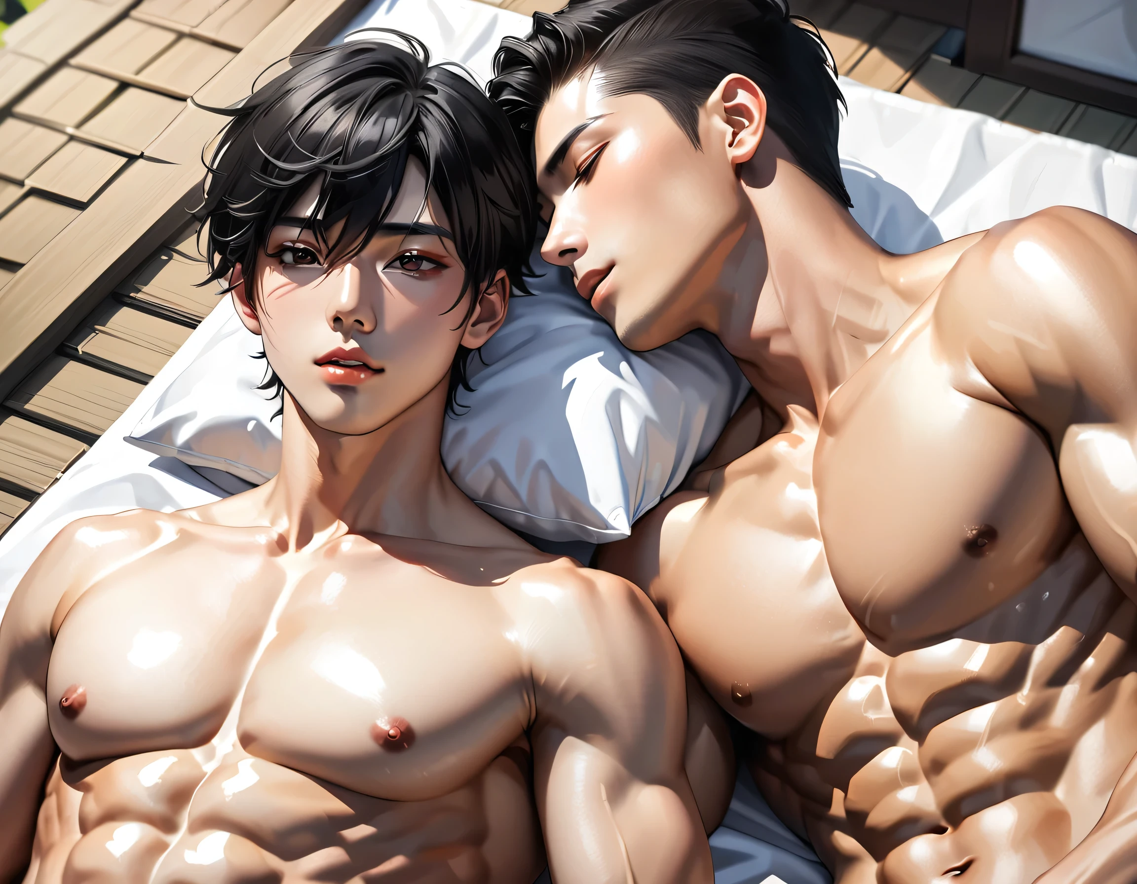 high quality, detailed, Realistic, (two japanese boys), (detailed black eyes), (abs:1.5), (shiny skin), detailed nipples, black hair, (black tiny thong), (erected bulge), summer noon, (smile:0.7), close up face, laying, kissing,