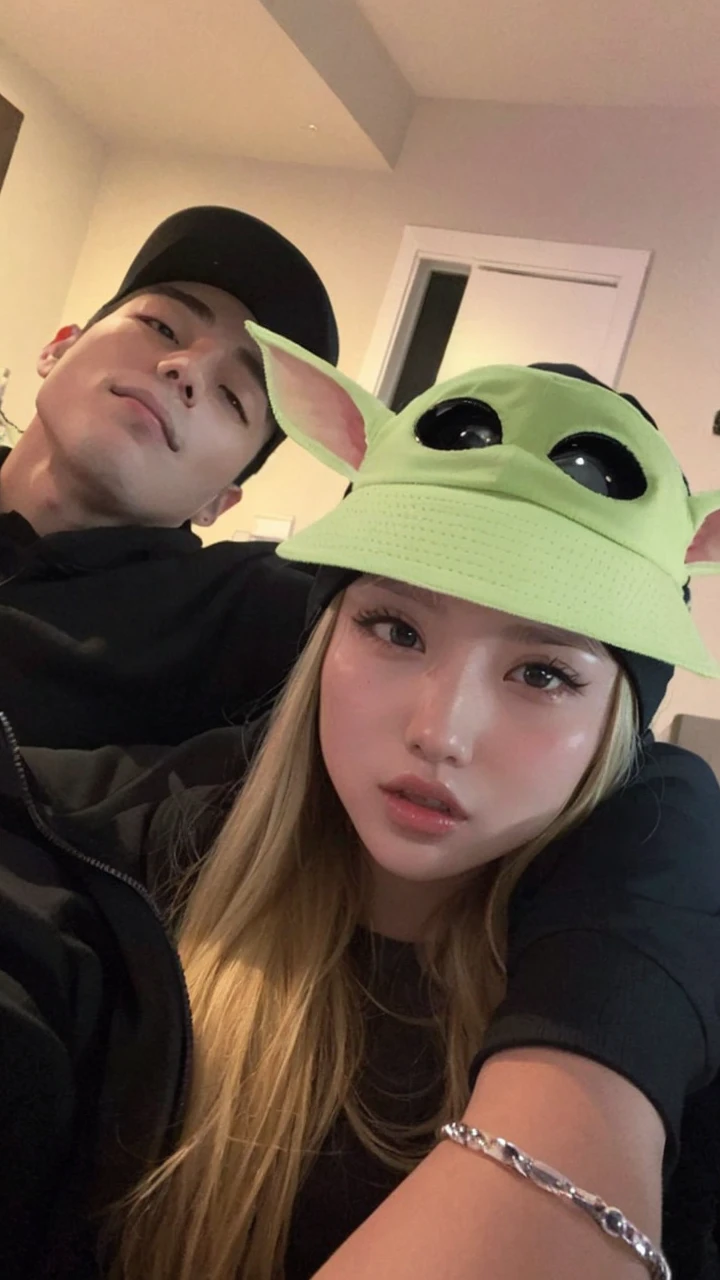 korean couple, Couple, korean blonde hair, korean in black cap
