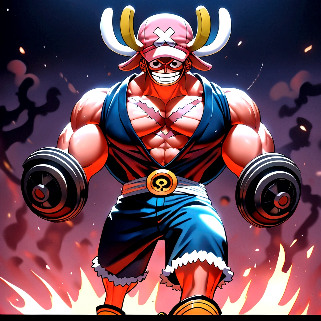 1 male, chopper, one piece, smiling, upper body, scar on chest, eyes are very well depicted, Facial features carefully detailed, hands carefully depicted, very muscular, dark background, 8k, best quality