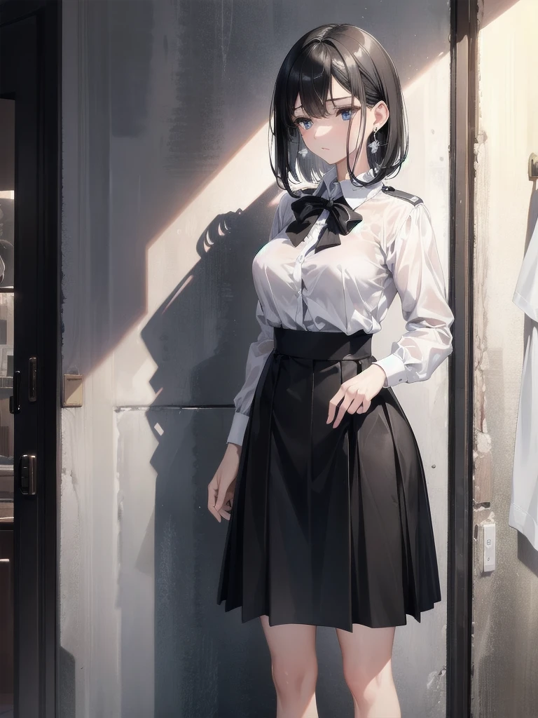 absurdres, RAW photo, extremely delicate and beautiful, masterpiece, Best Quality, ultra high resolution, 32k, hyperrealistic, ultra-detailed, in her 20s, delicate facial features, tearful mole, earring, medium breasts, full body shot, shorter middle hair, black hair, police uniform, collared shirt, skirt,