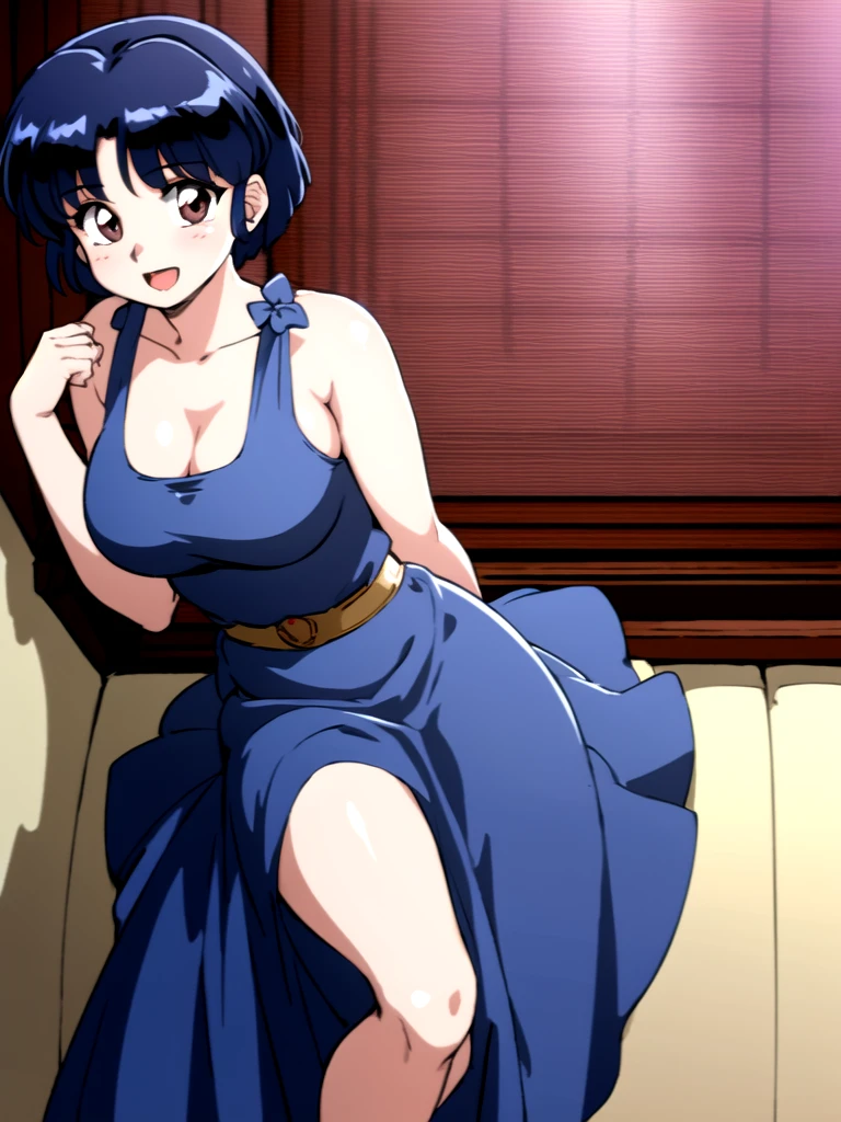 HDR, CG, sharp focus, (8k), (4k), masterpiece, best quality, detailed skin, extremely detailed, hiper detailed, sharp focus, looking at viewer, high quality, AKANE, Akane tendou, short hair, blue hair, brown eyes ,curtain pelvic DRESS, tetas grandes, bLush, solo, 1girl, sit on bar chair, hands on chest, heels, black dress, smile, open mouth, bar background,