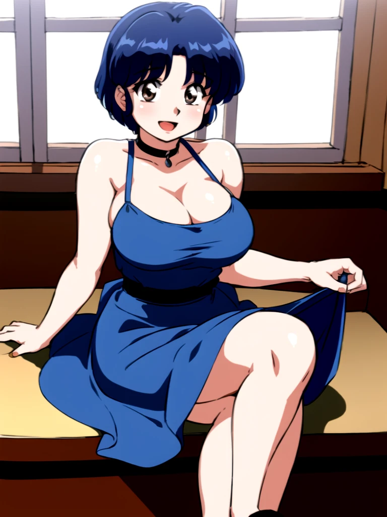 HDR, CG, sharp focus, (8k), (4k), masterpiece, best quality, detailed skin, extremely detailed, hiper detailed, sharp focus, looking at viewer, high quality, AKANE, Akane tendou, short hair, blue hair, brown eyes ,curtain pelvic DRESS, tetas grandes, bLush, solo, 1girl, sit on bar chair, hands on chest, heels, black dress, smile, open mouth, bar background,