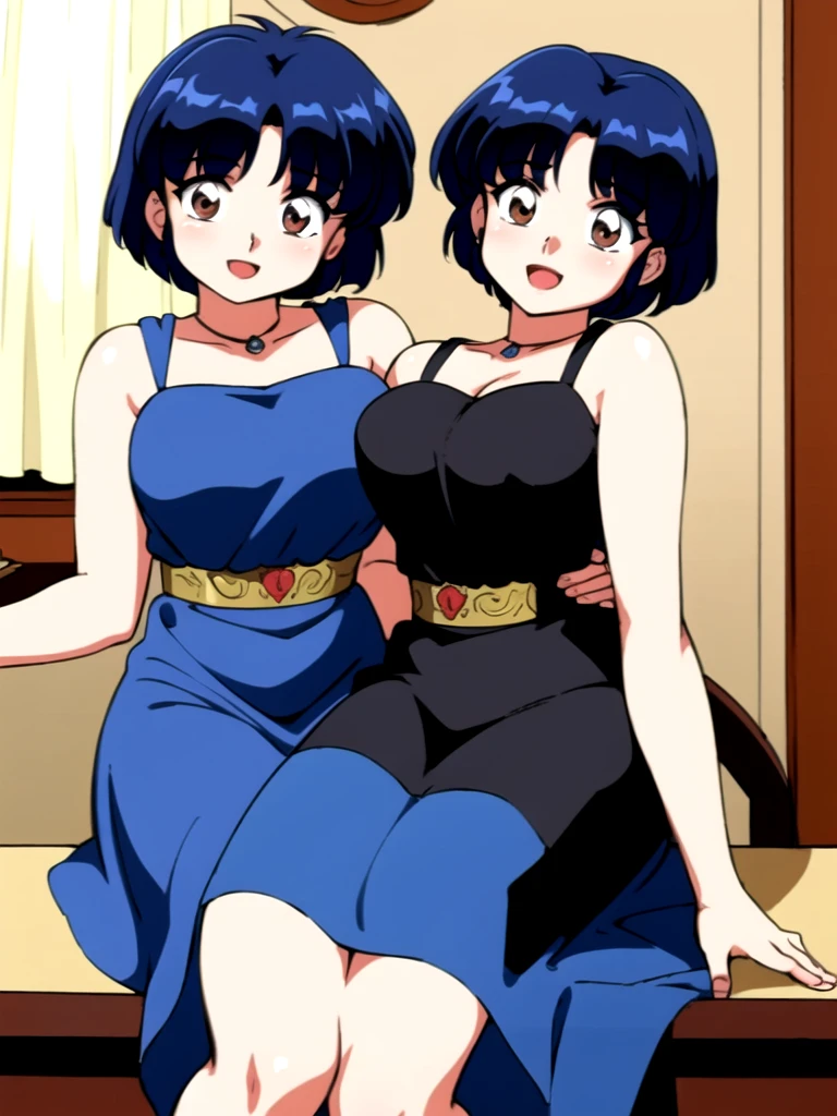 HDR, CG, sharp focus, (8k), (4k), masterpiece, best quality, detailed skin, extremely detailed, hiper detailed, sharp focus, looking at viewer, high quality, AKANE, Akane tendou, short hair, blue hair, brown eyes ,curtain pelvic DRESS, tetas grandes, bLush, solo, 1girl, sit on bar chair, hands on chest, heels, black dress, smile, open mouth, bar background,