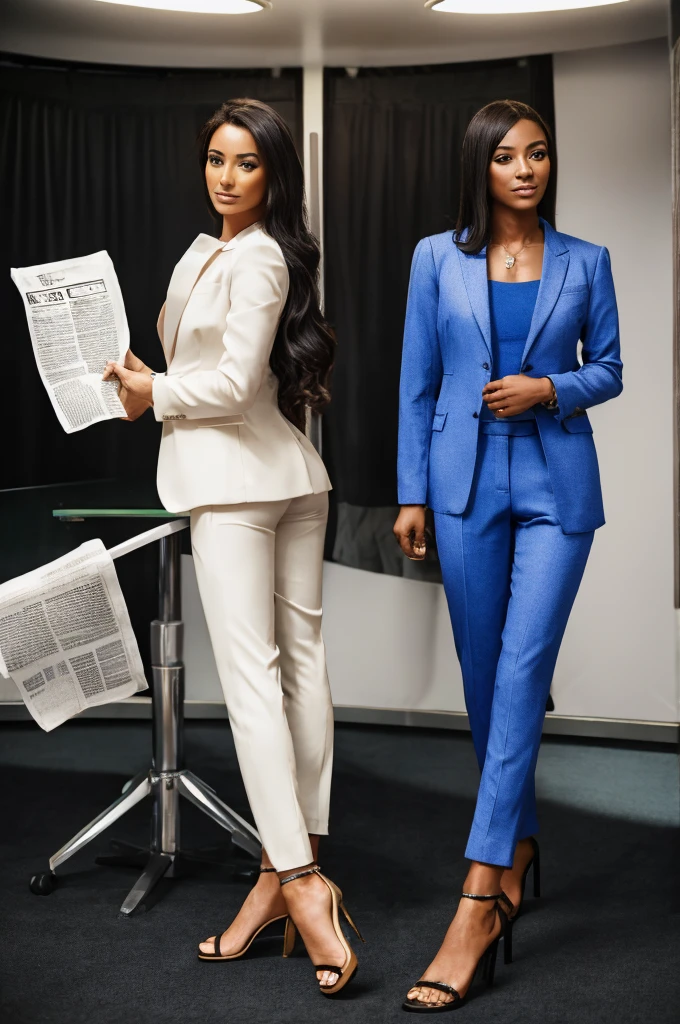 two crowned women in high heel sandals and suits and pants in a newspaper studio talking