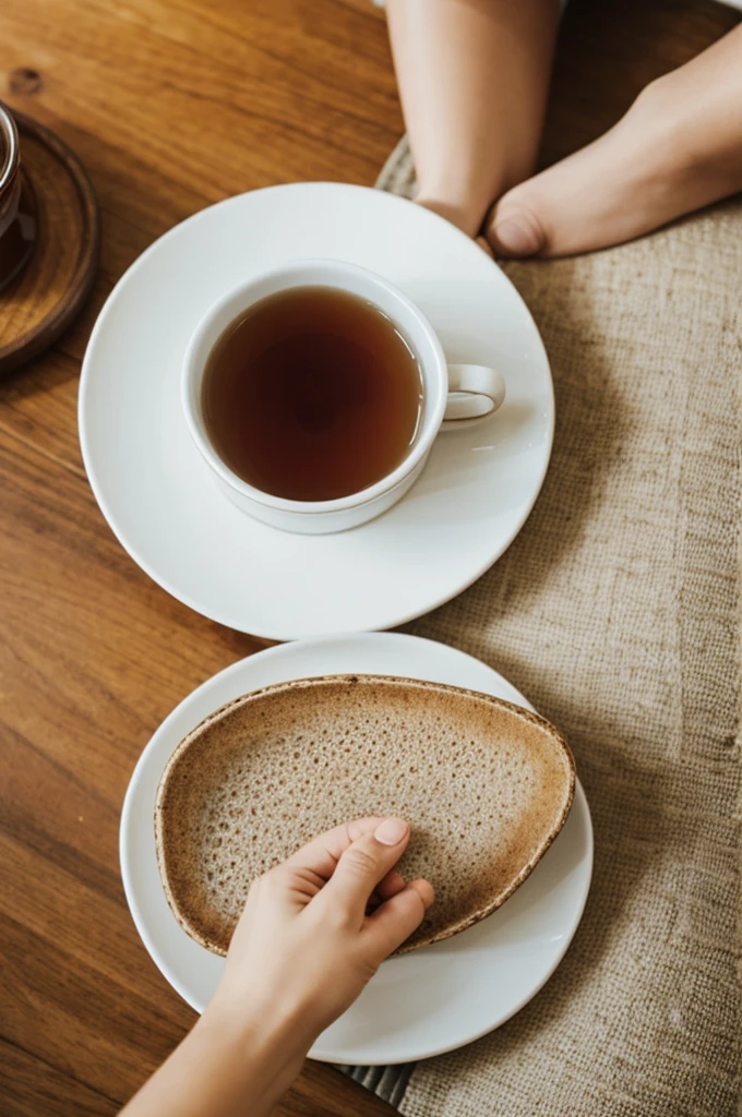 A cup of tea with a shoe sole holding hands