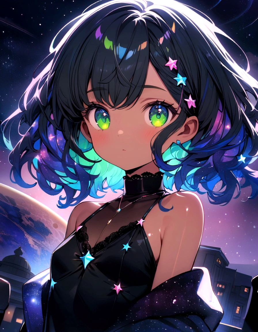 Sky, Pink and blue lighting, it's night, the night is full of stars, there are planets in the sky, bright colors, Incredible details, Shiny hair, spectacular hair, Bare shoulders, cute, Small breasts, cute, Small breasts, short hair, galaxy hair, green eyes, tanned, black sweater,
