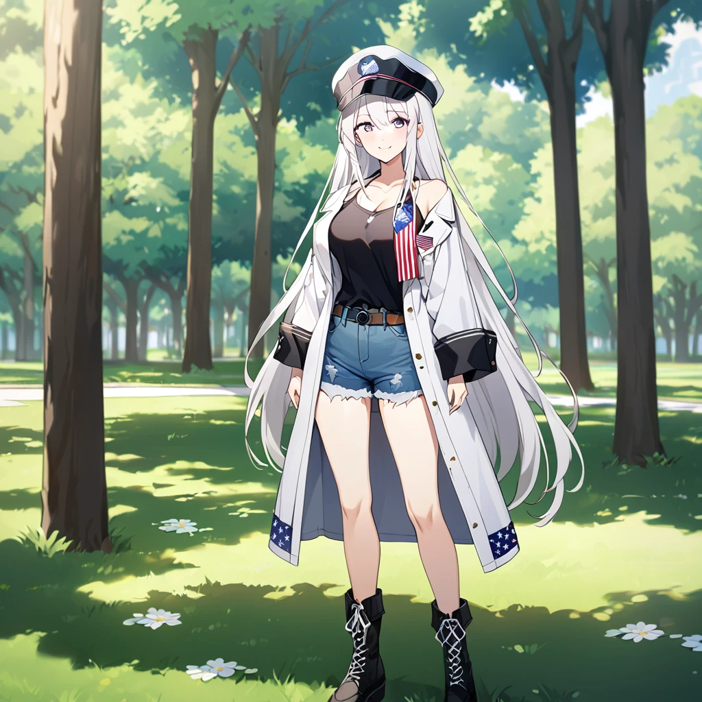 A woman wearing an open white jacket, wearing a shirt with fabric from the United States, denim shorts, exposed thigh, standing upright, hat with fabric from the United States, black leather boots, large breasts, smiling, in a park with a picnic, an area open with some trees, daytime location, white hair, long hair, purple eyes,The Eagle Perched On The Shoulder, view close,