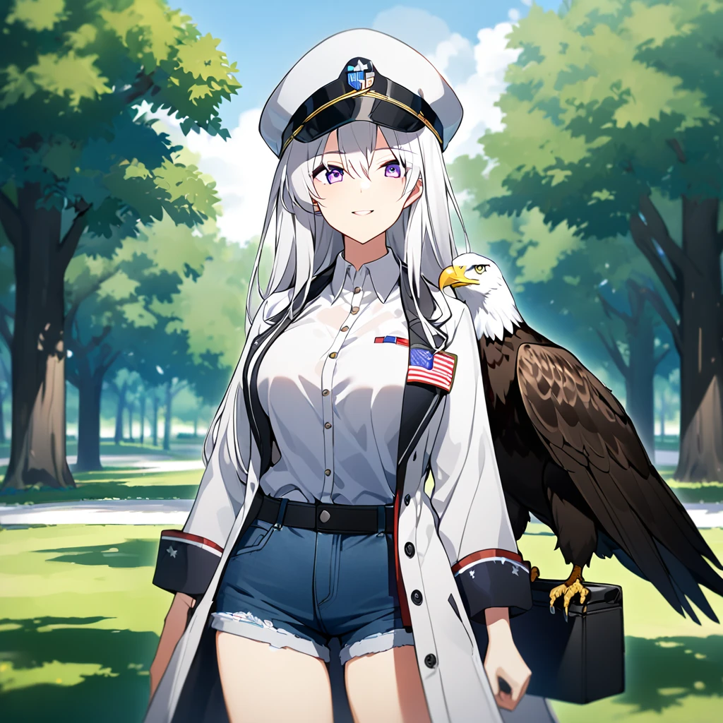 A woman wearing an open white jacket, wearing a shirt with fabric from the United States, denim shorts, exposed thigh, standing upright, hat with fabric from the United States, black leather boots, large breasts, smiling, in a park with a picnic, an area open with some trees, daytime location, white hair, long hair, purple eyes,The Eagle Perched On The Shoulder, view close,
