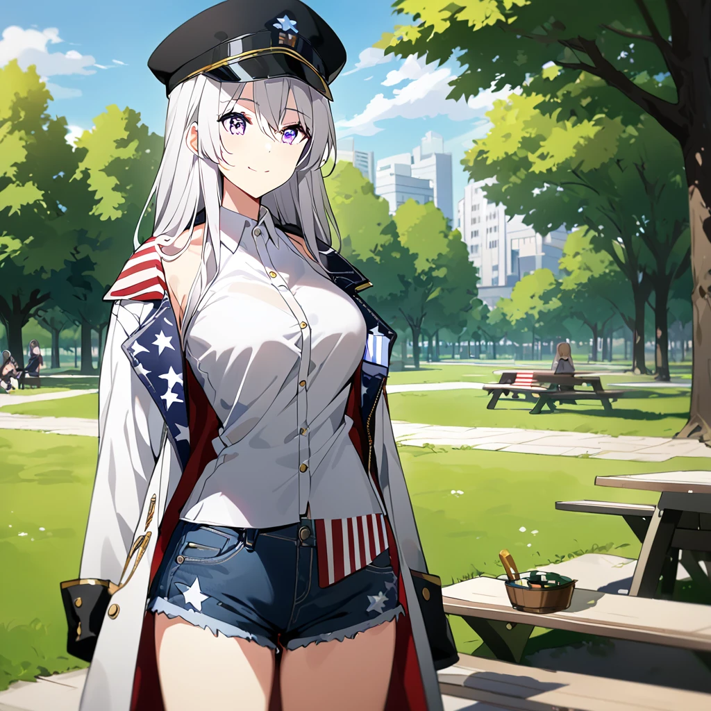 A woman wearing an open white jacket, wearing a shirt with fabric from the United States, denim shorts, exposed thigh, standing upright, hat with fabric from the United States, black leather boots, large breasts, smiling, in a park with a picnic, an area open with some trees, daytime location, white hair, long hair, purple eyes,The Eagle Perched On The Shoulder, view close,
