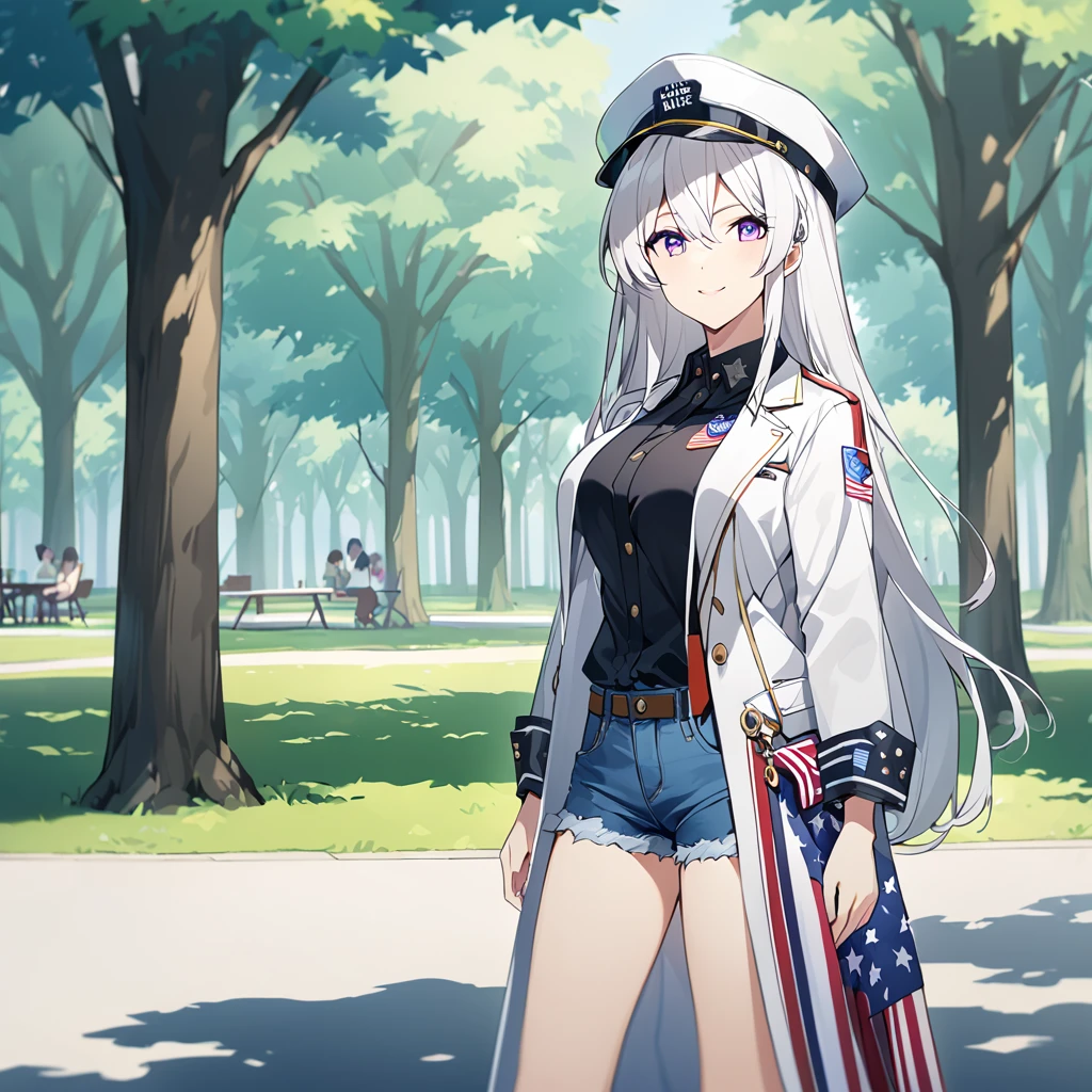 A woman wearing an open white jacket, wearing a shirt with fabric from the United States, denim shorts, exposed thigh, standing upright, hat with fabric from the United States, black leather boots, large breasts, smiling, in a park with a picnic, an area open with some trees, daytime location, white hair, long hair, purple eyes,The Eagle Perched On The Shoulder, view close,