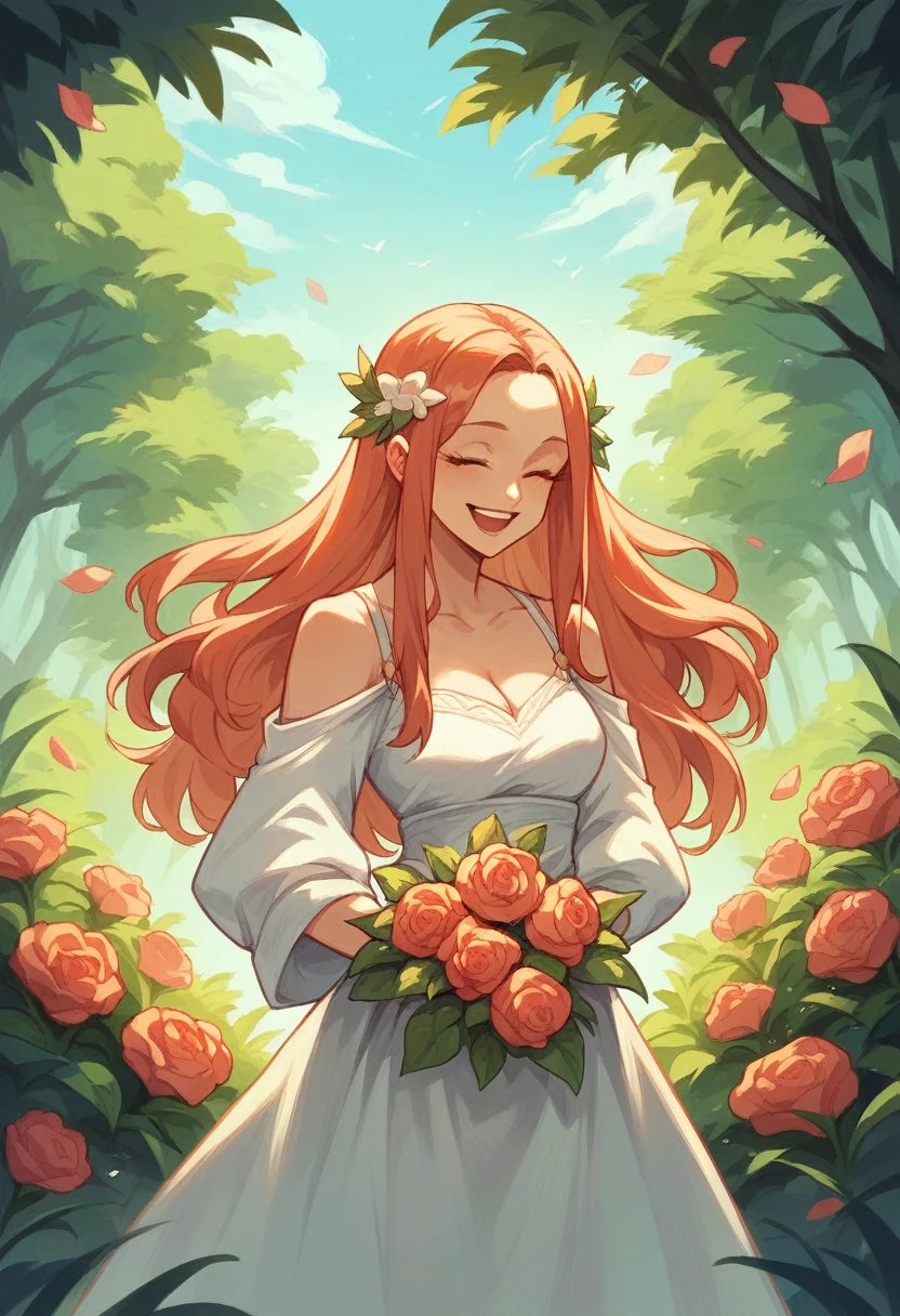 A girl who is in the forest lost in nature. Most beautiful in the world with flowers and lots of sun 1 a girl with long hair in a painting type dress and laughing and smiling at her face (Masterpiece) (artwork)