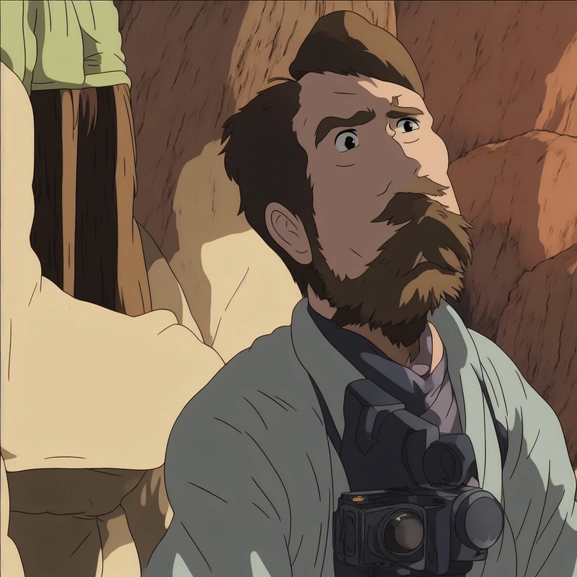 a lonely man with beard looking to the camera , 2D , anime style, ghibli style 