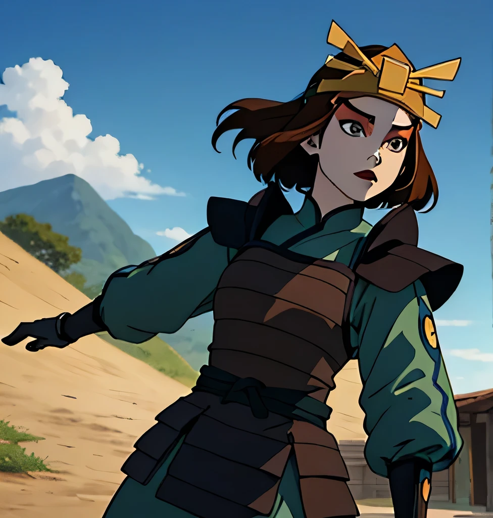 suki, 1 woman only, (Masterpiece), (The best quality), (ultrahigh resolution), Cartoon character, anime version, Amazing painting, beautiful sky, colors, nature, beautiful , Highly detailed image, brown hair, blue eyes, Kyoshi Guerrero, make-up, lipstick, armor, long sleeves, They are smiling, black gloves