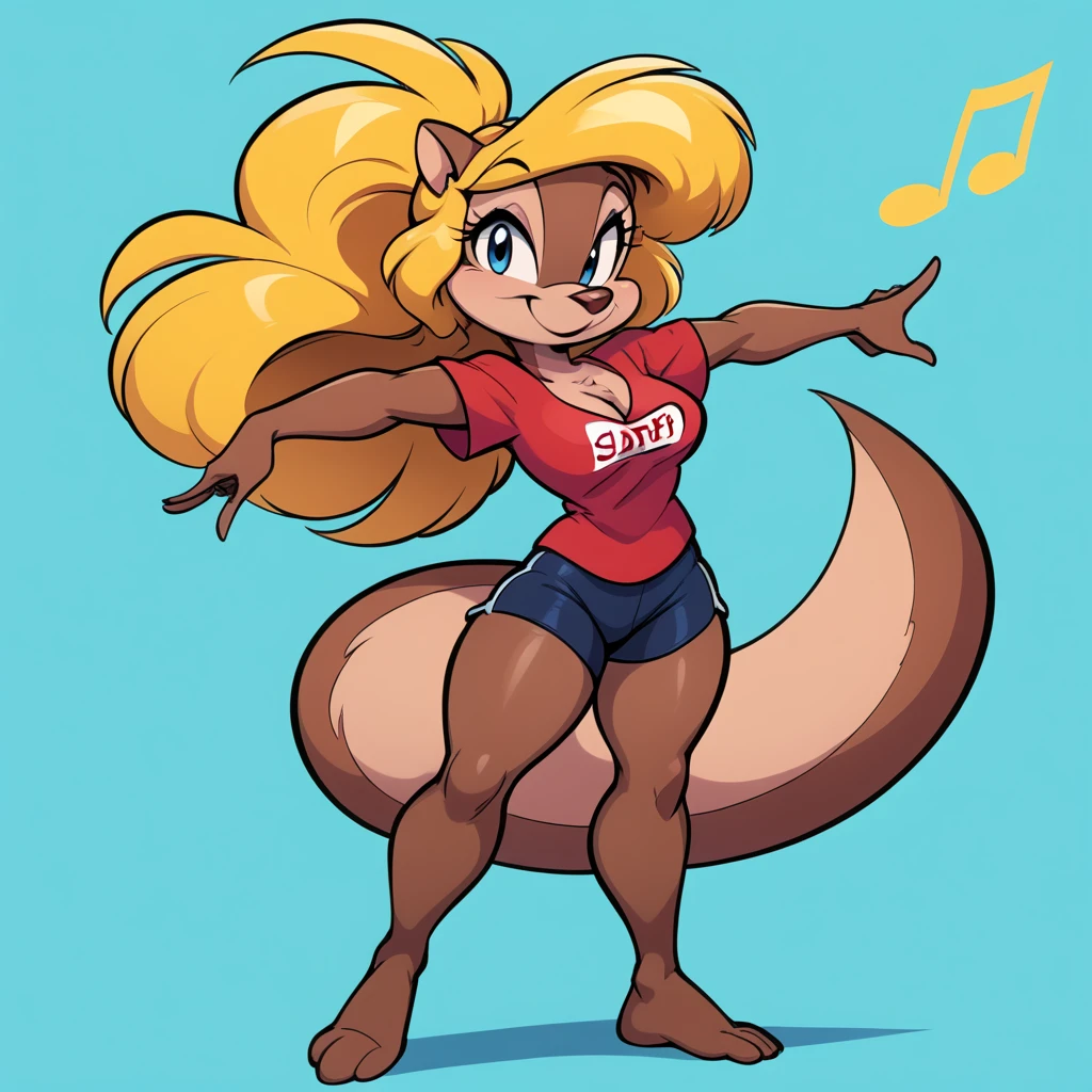 score_9, score_8_up, score_7_up, score_6_up, score_5_up, score_4_up, (Source furry), 1girl, solo, looking at viewer, smile, blue eyes, turquoise blue background, shirt, turquoise blue background, animal ears, cleavage, medium breasts, closed mouth, digital obstacles everywhere in the background, singing a song, singing in a microphone, tail, full thick body, barefoot, furry, cyberworld environment, standing and posing a pin up pose, black swimming shorts, has thick thighs, thick thighs, bright red shirt, animal nose, snout, amy squirrel , blonde hair, long hair, two tone fur, brown fur, furry female, body fur, humble sexy look,