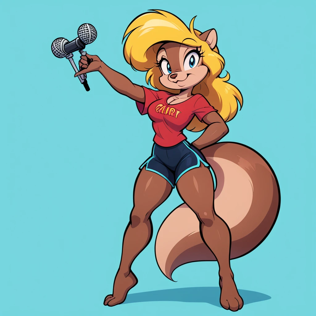 score_9, score_8_up, score_7_up, score_6_up, score_5_up, score_4_up, (Source furry), 1girl, solo, looking at viewer, smile, blue eyes, turquoise blue background, shirt, turquoise blue background, animal ears, cleavage, medium breasts, closed mouth, digital obstacles everywhere in the background, singing a song, singing in a microphone, tail, full thick body, barefoot, furry, cyberworld environment, standing and posing a pin up pose, black swimming shorts, has thick thighs, thick thighs, bright red shirt, animal nose, snout, amy squirrel , blonde hair, long hair, two tone fur, brown fur, furry female, body fur, humble sexy look,