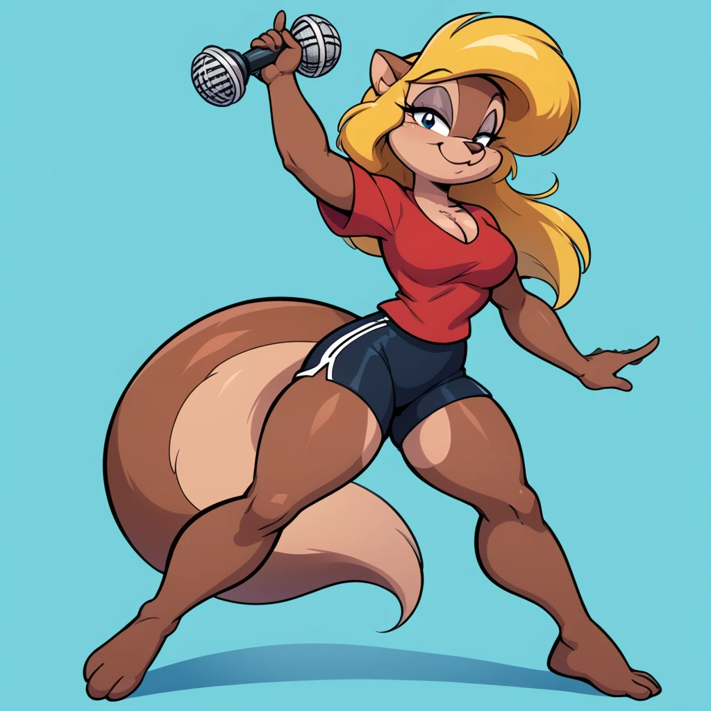 score_9, score_8_up, score_7_up, score_6_up, score_5_up, score_4_up, (Source furry),  1girl, solo, looking at viewer, smile, blue eyes, turquoise blue background, shirt, turquoise blue background, animal ears, cleavage, medium breasts, closed mouth, digital obstacles everywhere in the background, singing a song, singing in a microphone, tail, full thick body, barefoot, furry, cyberworld environment, standing and posing a pin up pose, black swimming shorts, has thick thighs, thick thighs, bright red shirt, animal nose, snout, amy squirrel , blonde hair, long hair, two tone fur, brown fur, furry female, body fur, humble sexy look,
