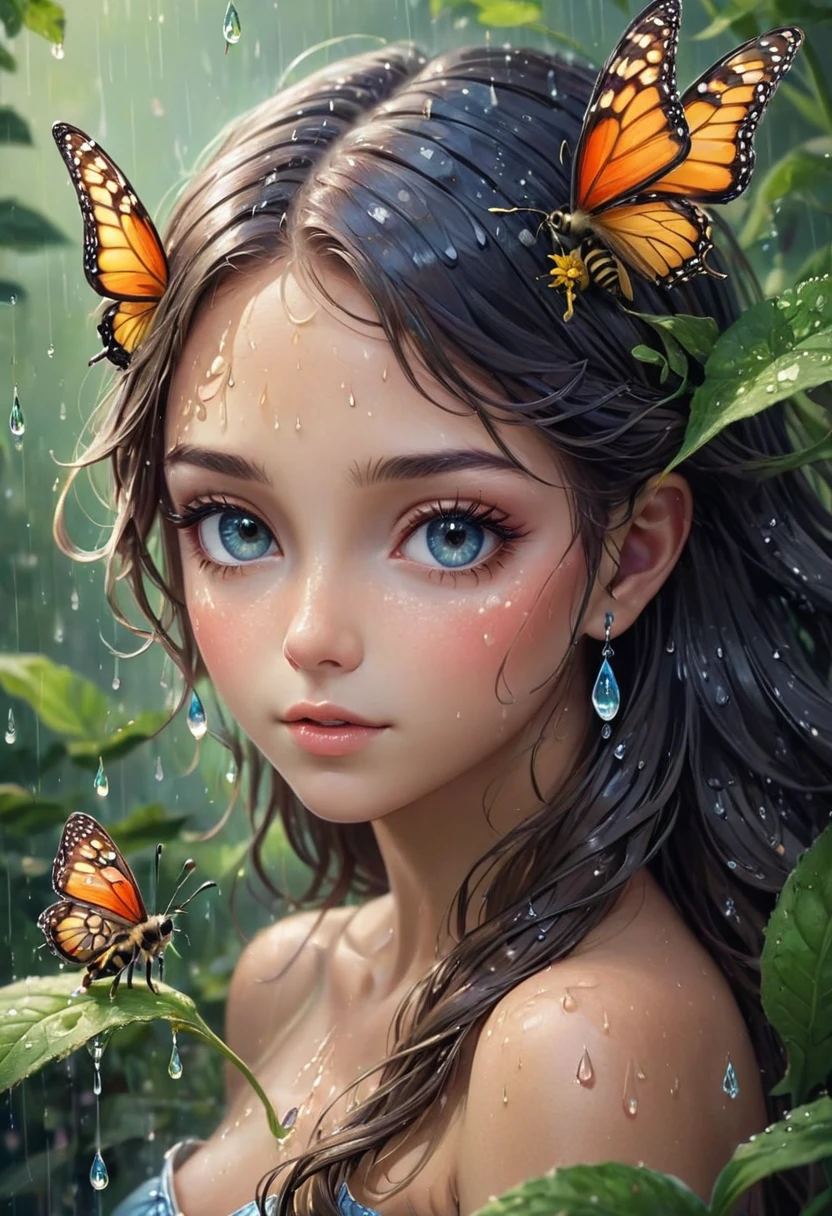 Create a gallery of the most beautiful and special and impressive and excellent and unique and extremely charming and attractive and beautiful forms of beauty. A masterpiece of art, a beautiful girl, a fairy, a butterfly, a bee, a flower, a leaf, a drop of water, a drop of rain, a special and symmetrical shape, a curved and beautiful shape, which It's a masterpiece.