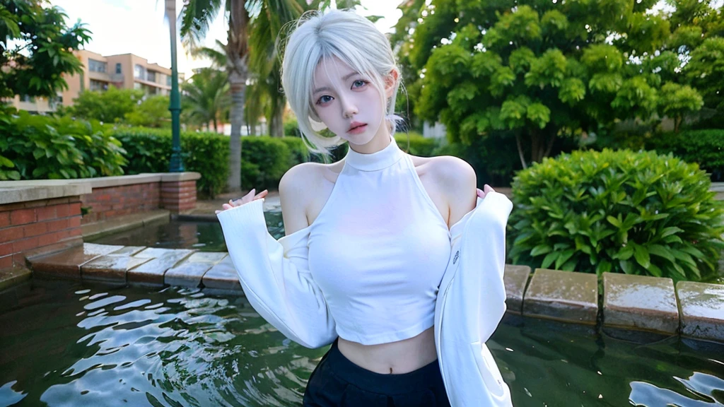 Beautiful woman with perfect figure:1.4,Ultra-high resolution,White legs,Put your hands behind your back,Swimming background,Big breasts:1.6,(Realism:1.4),perspective,Layered hairstyle,Snow white skin,JK:1.5,Super short pleated skirt,whole body:1.4,Very delicate and skin texture,Double eyelids,Skin Whitening,Long hair,White hair
