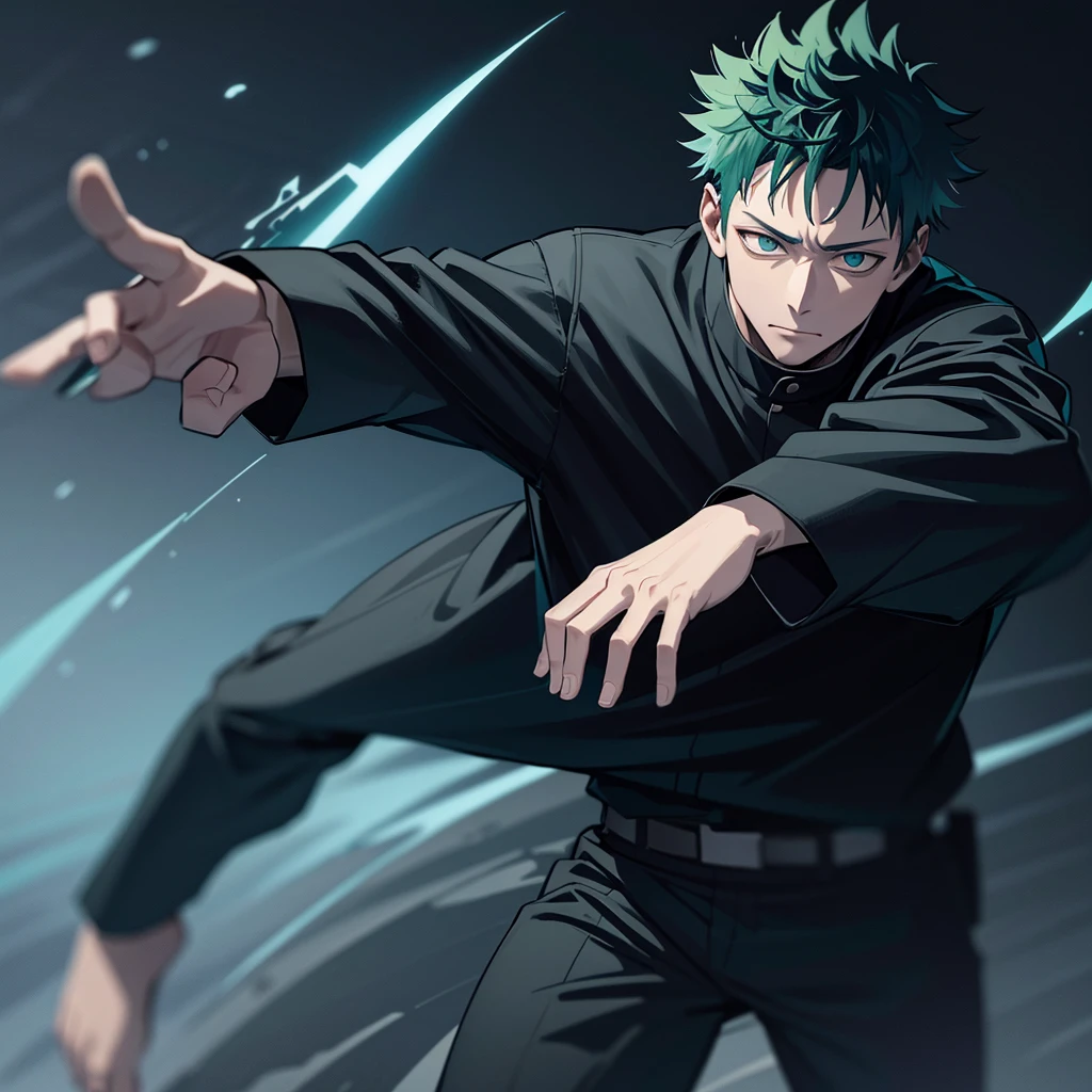 japanese man, green hair, blue eyes, wearing black clothes, jujutsu kaisen background, high res, ultrasharp, masterpiece, jujutsu kaisen style