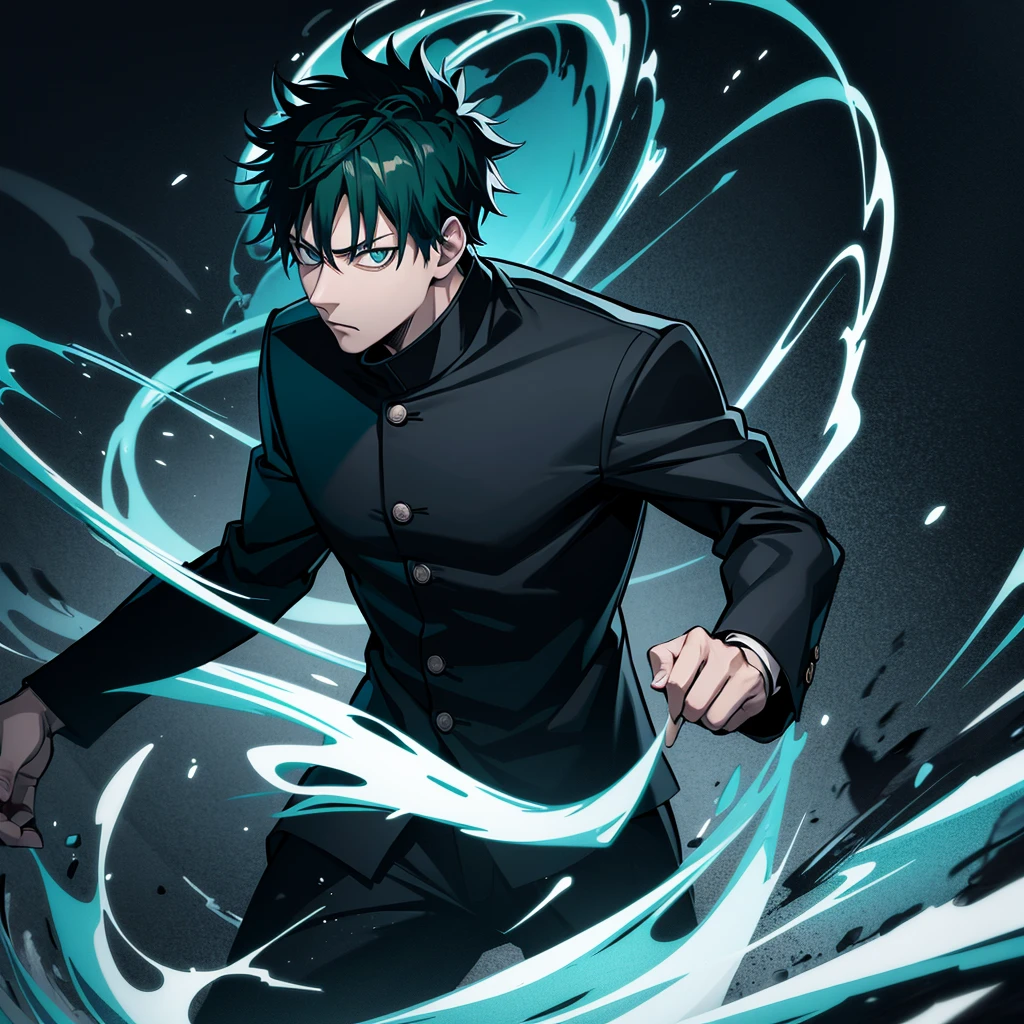 japanese man, green hair, blue eyes, wearing black clothes, jujutsu kaisen background, high res, ultrasharp, masterpiece, jujutsu kaisen style