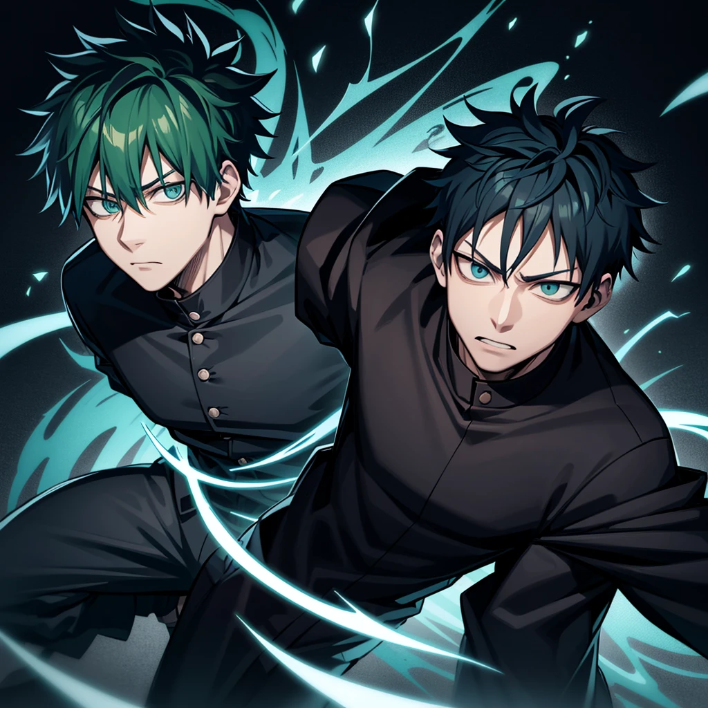 japanese man, green hair, blue eyes, wearing black clothes, jujutsu kaisen background, high res, ultrasharp, masterpiece, jujutsu kaisen style