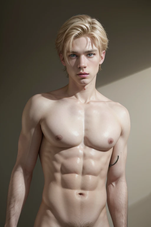 A hyperrealist, Very detailed, and a 16k high resolution image of a young blond man, green eyed, white skin and totally naked.