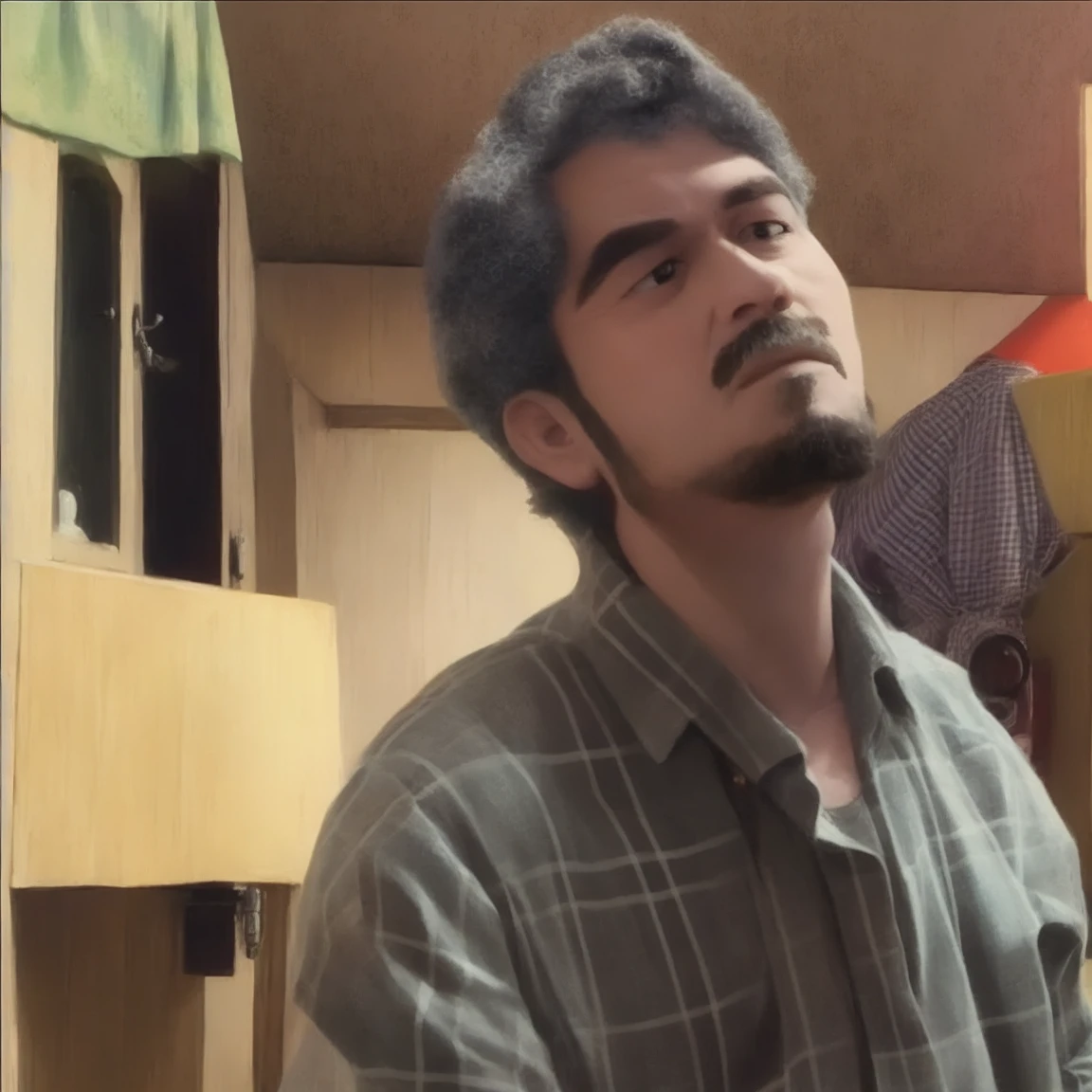 a lonely man with beard looking to the camera , 2D , anime style, ghibli style
