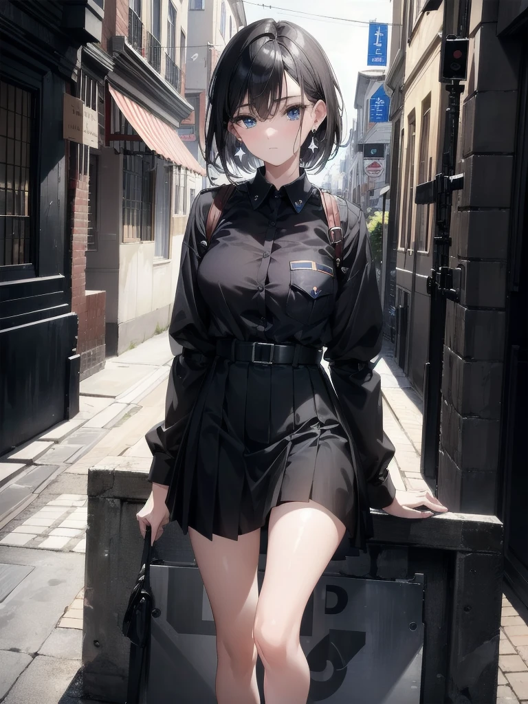 absurdres, RAW photo, extremely delicate and beautiful, masterpiece, Best Quality, ultra high resolution, 32k, hyperrealistic, ultra-detailed, in her 20s, delicate facial features, tearful mole, earring, medium breasts, full body shot, shorter middle hair, black hair, (police uniform), collared shirt, skirt,
