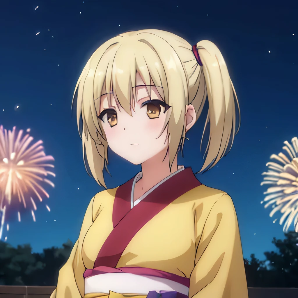 Kyoko kimono in the night firework ,Blonde hair , yellowish eyes, pig tailed haired