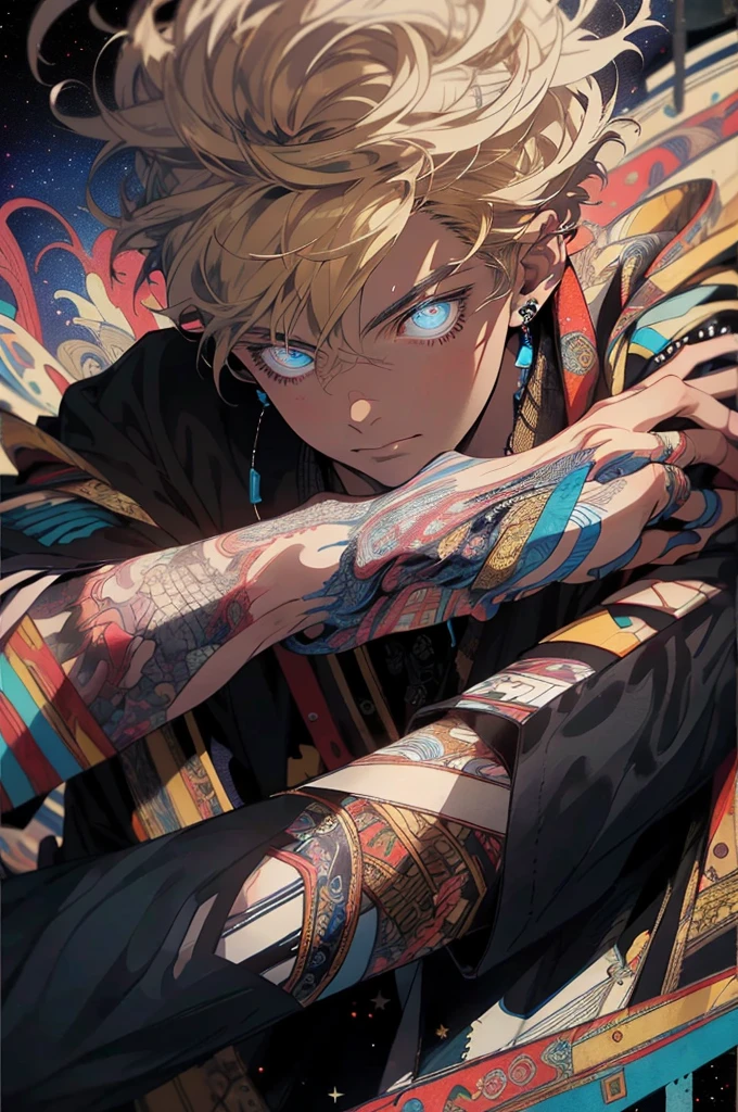 Realistic, (Masterpiece, Top Quality, Best Quality, Official Art, Beauty and Aesthetics: 1.2), Very Detailed, Fractal Art, Colorful, Most Detailed, Zentangle, (Abstract Background: 1.5) (1boy: 1.3), God, Blonde Hair, Short Hair, (Glowing Blue Eyes), Mysterious, (Magic), Starry Sky, Handsome Man, (((Lycoris radiata)))