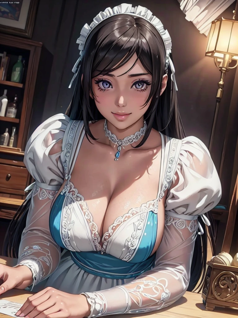 NFSW, Beautiful detailed portrait of a girl with big eyes, Fuller lips, Smiling Kindly, Long eyelashes, see through Maid clothesを着て, tihn fabric clothing, In sensual poses, (highest quality,4K,8k,High resolution,masterpiece:1.2),brow job, Super detailed,(Realistic,photoRealistic,photo-Realistic:1.37),Highly detailed face, Maid clothes, Intricate details, Vibrant colors, Dramatic lighting, Structure of the film, Anime-inspired art style