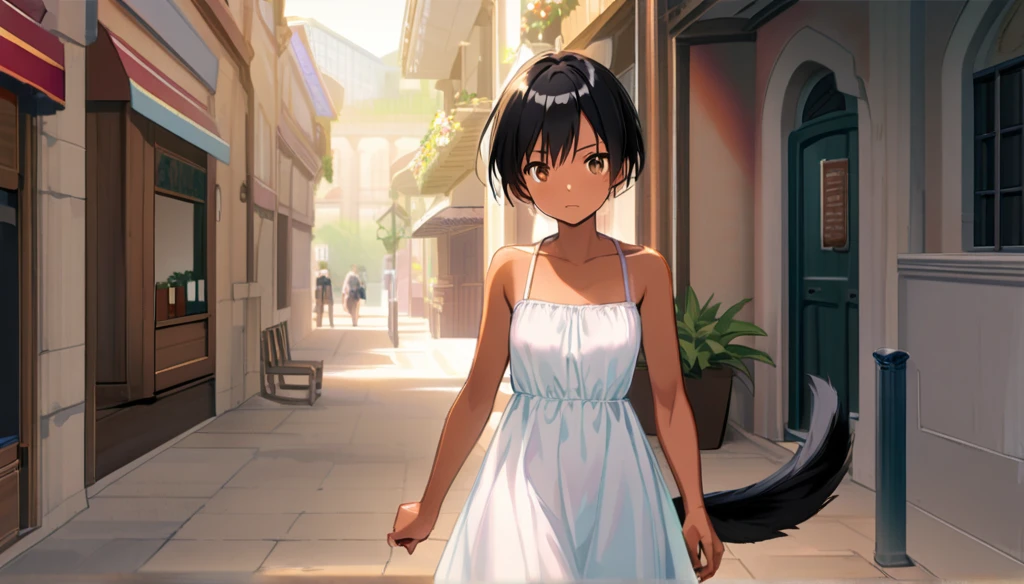 ((Anime Infinite Stratus Art, 8k, ultra full high definition, epic quality, epic texture)). The theme is a walk in the square. It's daytime. The setting is a small square, very detailed, with some playground toys, some children playing around. The focus of the scenario is a girl, she is 10 years old, very short stature, she has black pinscher's ears(long:1.9), black hair(short:1.9), she has black pinscher's tail, bright brown eyes, tanned skin, thin, slightly toned, narrow chest, flat breasts , thin waist, narrow hips, she is wearing a beautiful white summer dress, she is tsundere, she walking in the square with her owner(31-yeras-old man). The atmosphere is fun, funny and romantic.