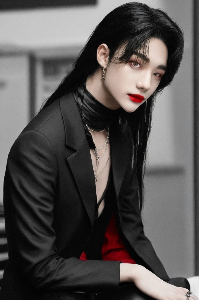 A young boy with long black hair, but long black hair, black hair, gothic clothes, gothic, gothic, red lips and pompous, hwang hyunjin, hyunjin stray kids, stray kids hyunjin