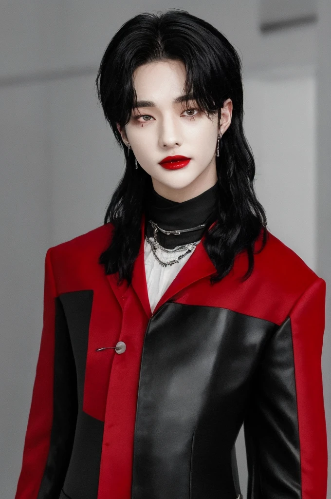 A young boy with long black hair, but long black hair, black hair, gothic clothes, gothic, gothic, red lips and pompous, hwang hyunjin, hyunjin stray kids, stray kids hyunjin