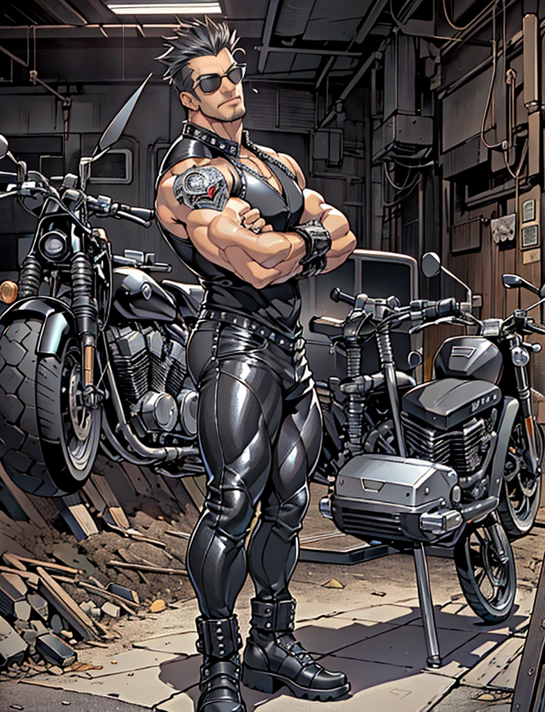 handsome huge gangsta bodybuilder Roman Todd on motorcycle, huge muscles, crotch bulge, quilted and studded with high spikes black shiny leather jacket, black shiny leather shirt, black shiny leather pants, black sunglasses, industrial architecture: 1.4), retrofuturism, insane details, (Fujiflim XT3), 20 megapixel,