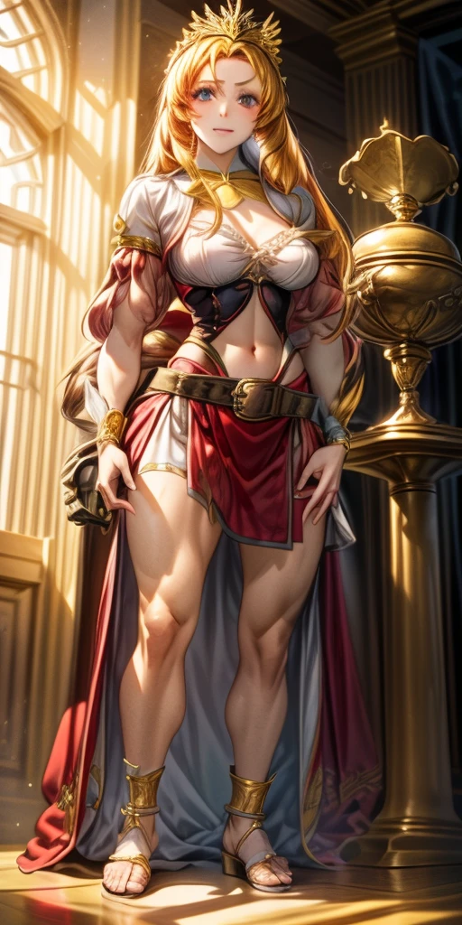 female pale skin full body whole body 1sologirl standing loincloth warrior proud expression, hands on the hips, standing loincloth, hands on the hips, metal sandals, leather choker with golden bell navel, leather corset, big belt, View from below, Feet together, Bracers, tiara