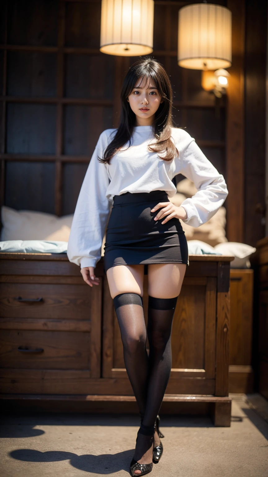 (8K、RAW Photos、Highest quality、masterpiece:1.2)、(Realistic、Realistic)、1 girl、((High leg:1.5、With pubic hair、Large Breasts、Full body from the front、Standing with hands behind back、、Lots of eyelashes、Glowing eyelids、skeletally correct、smile、This photo will awaken boys to sex