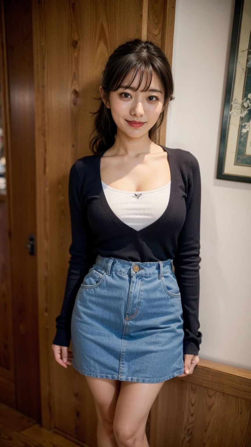 (8K、RAW Photos、Highest quality、masterpiece:1.2)、(Realistic、Realistic)、1 girl、((High leg:1.5、With pubic hair、Large Breasts、Full body from the front、Standing with hands behind back、、Lots of eyelashes、Glowing eyelids、skeletally correct、smile、This photo will awaken boys to sex