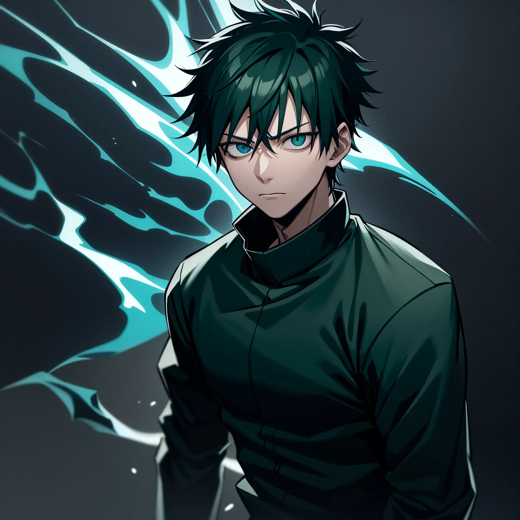 one japanese man, green hair, blue eyes, wearing black clothes, jujutsu kaisen background, high res, ultrasharp, masterpiece, jujutsu kaisen style