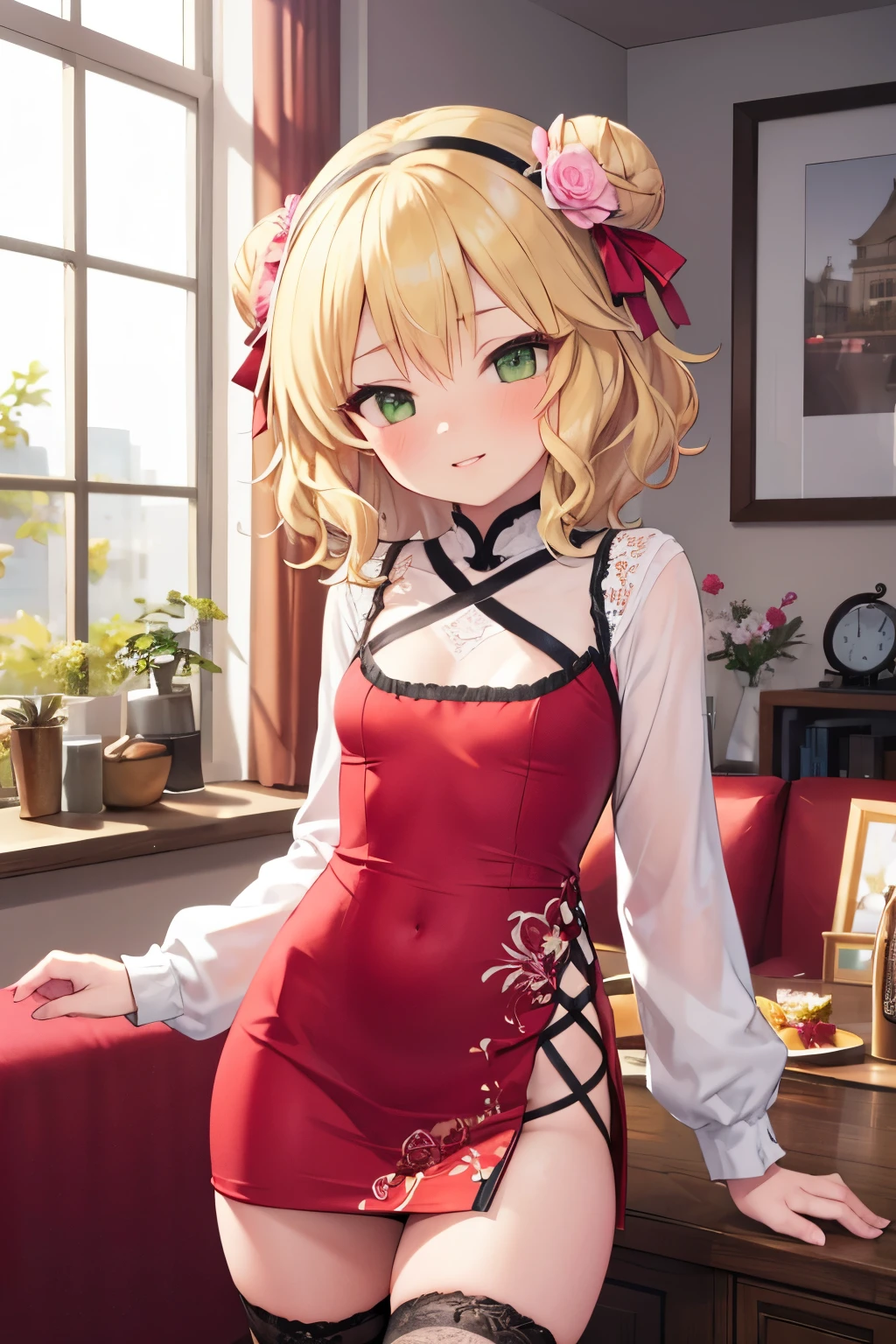 masterpiece,best quality, ultra-detailed,1girl(sakurai momoka, lovely small breasts, wavy hair,blonde hair, hair bun, double hair buns, headband, pink flower in hair,green eyes), a bright face,  light smile, parted lips, nose blush, blush, facing viewer , looking at viewer, head tilt, solo, red china dress, black lace thighhighs, in the livingroom, standing, Sexy waist teasing 