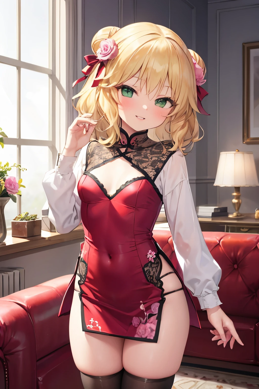 masterpiece,best quality, ultra-detailed,1girl(sakurai momoka, lovely small breasts, wavy hair,blonde hair, hair bun, double hair buns, headband, pink flower in hair,green eyes), a bright face,  light smile, parted lips, nose blush, blush, facing viewer , looking at viewer, head tilt, solo, red china dress, black lace thighhighs, in the livingroom, standing, Sexy waist teasing 