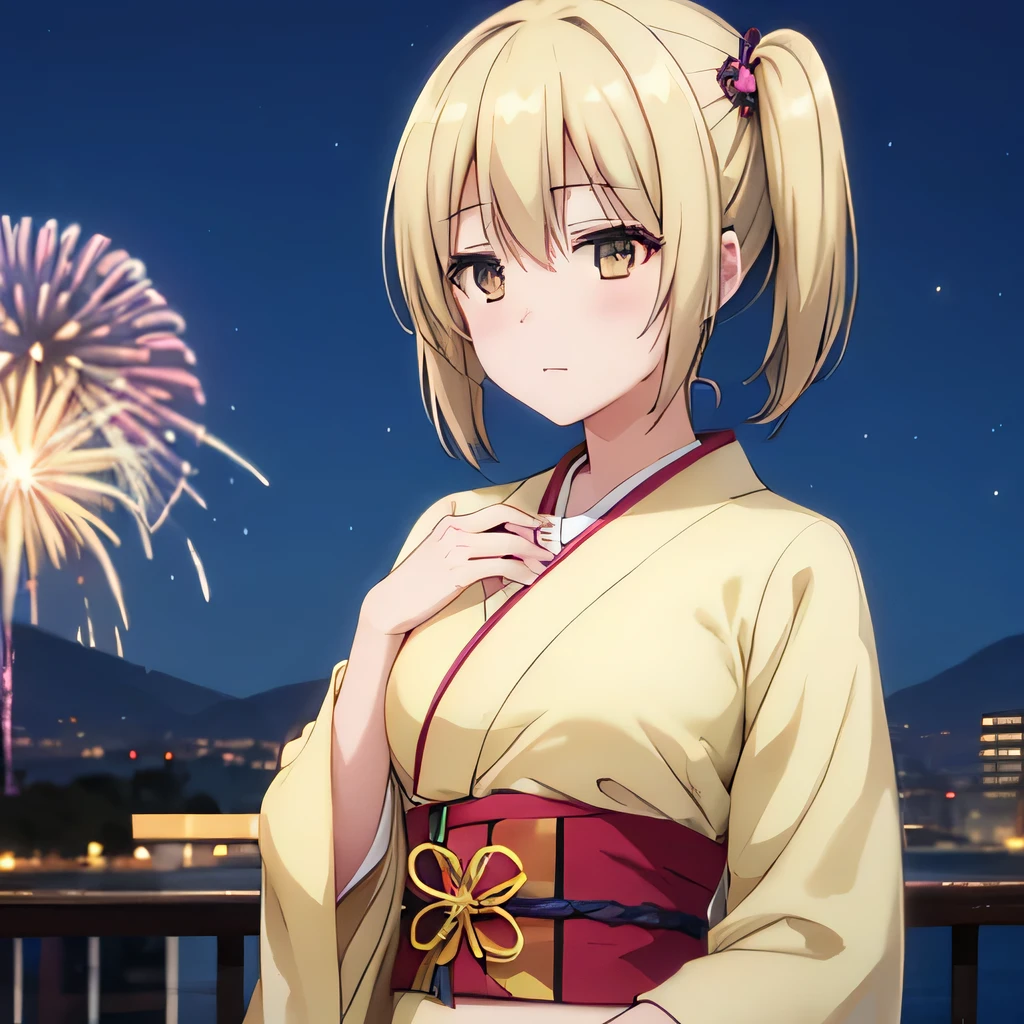 Kyoko kimono in the night firework ,Blonde hair , yellowish eyes, pig tailed haired