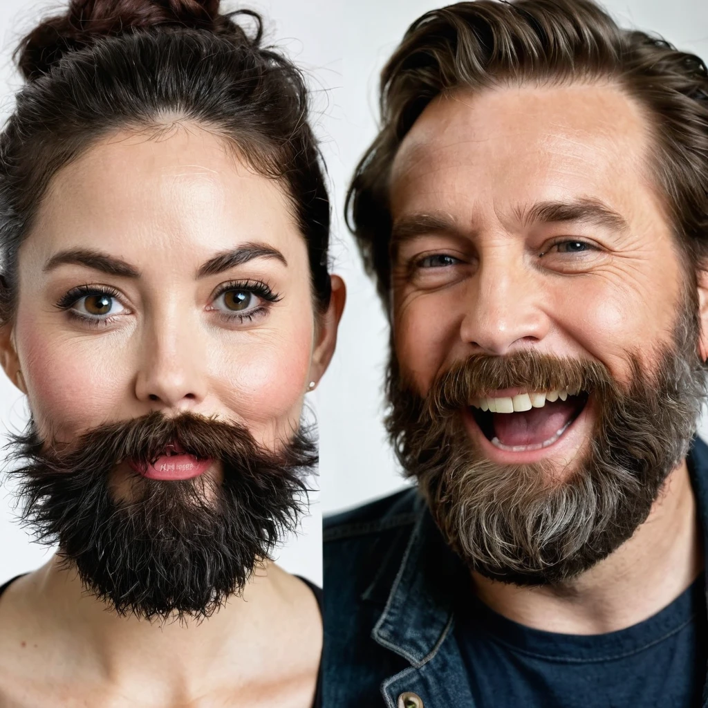 unkempt bearded woman makes fun of prepubescent beardless man