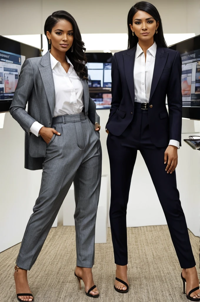 two crowned women in high heel sandals and suits and pants in a newspaper studio talking