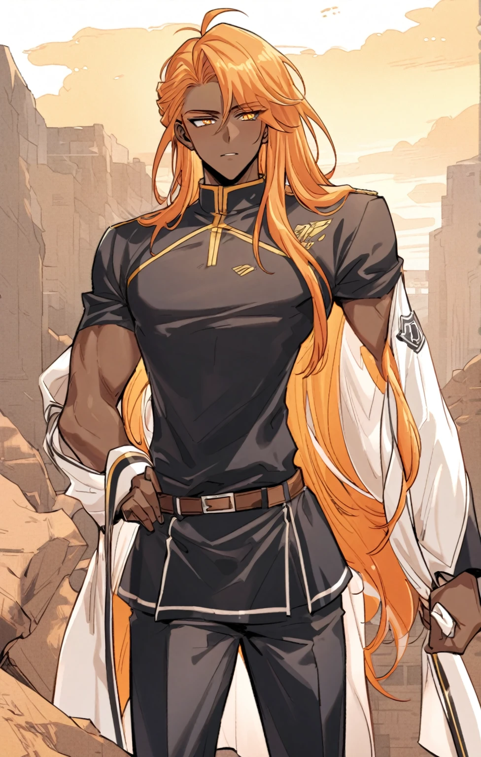 a pretty Male, he has brown skin and he has blue to orange eyes and he’s hair is black to blue and he is wearing a academy uniform . Manhwa style.