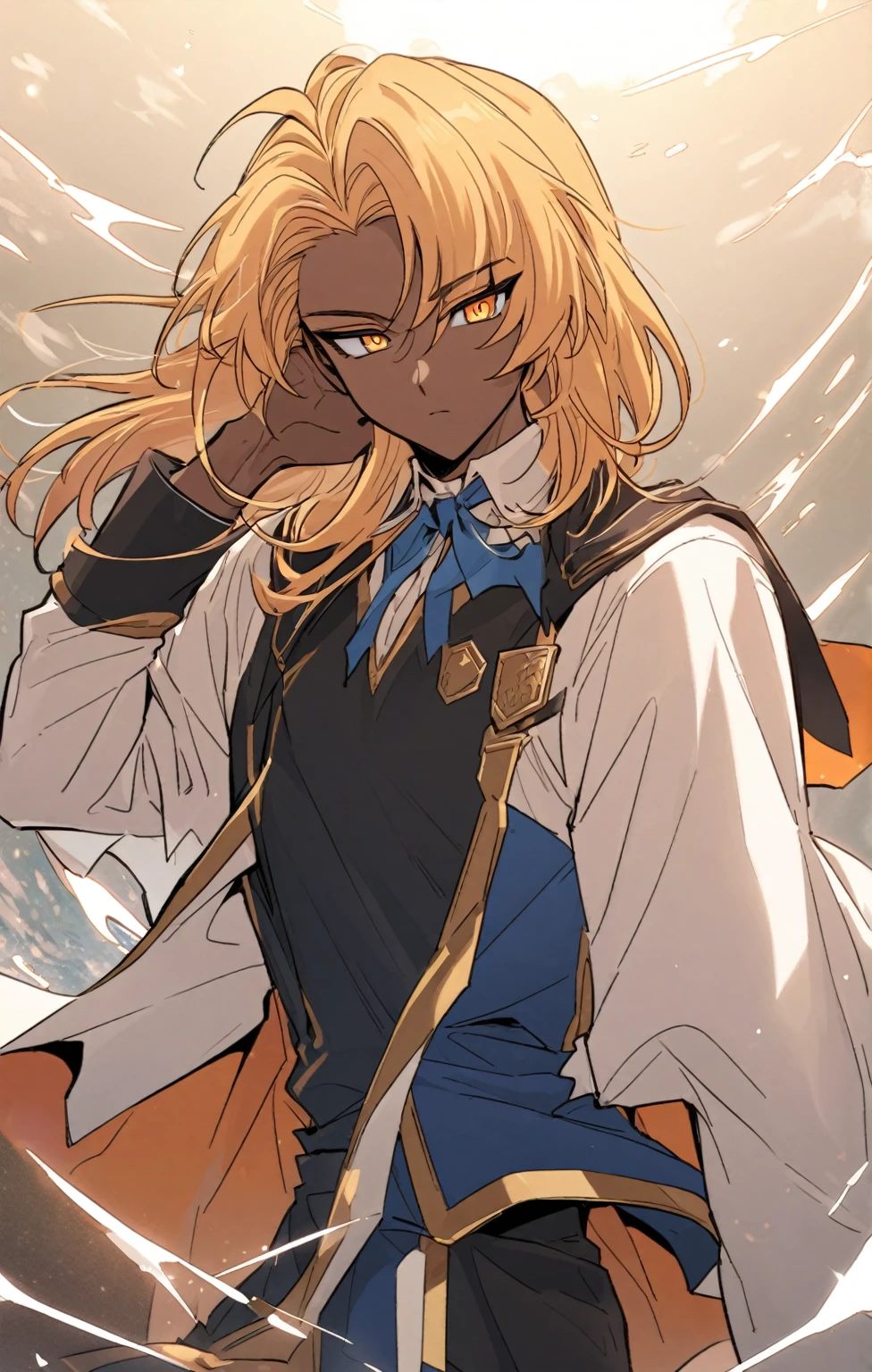 a pretty Male, he has brown skin and he has blue to orange eyes and he’s hair is black to blue and he is wearing a academy uniform . Manhwa style.