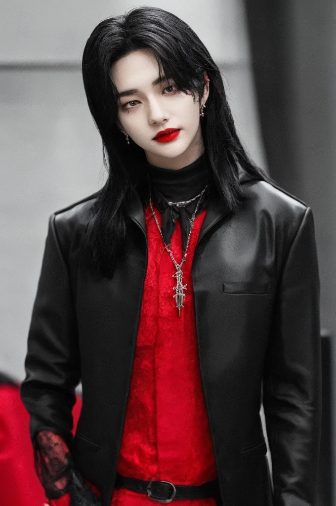 A young boy with long black hair, but long black hair, black hair, gothic clothes, gothic, gothic, red lips and pompous, hwang hyunjin, hyunjin stray kids, stray kids hyunjin