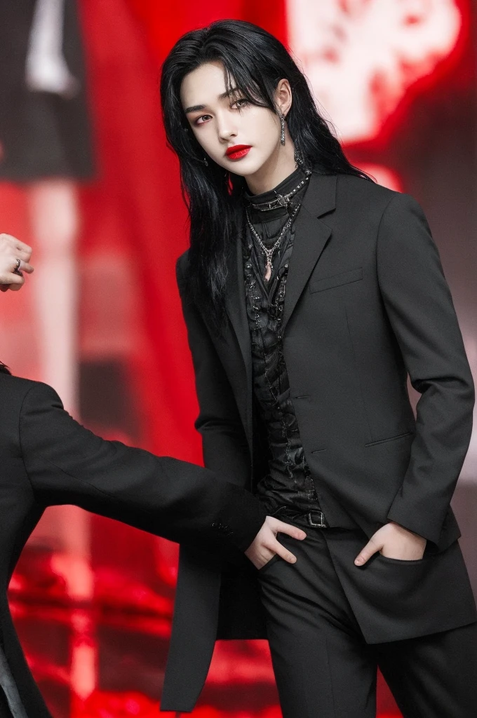 A young boy with long black hair, but long black hair, black hair, gothic clothes, gothic, gothic, red lips and pompous, hwang hyunjin, hyunjin stray kids, stray kids hyunjin