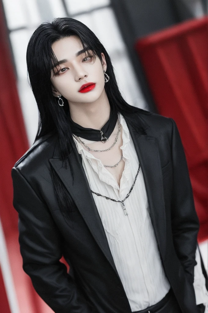 A young boy with long black hair, but long black hair, black hair, gothic clothes, gothic, gothic, red lips and pompous, hwang hyunjin, hyunjin stray kids, stray kids hyunjin